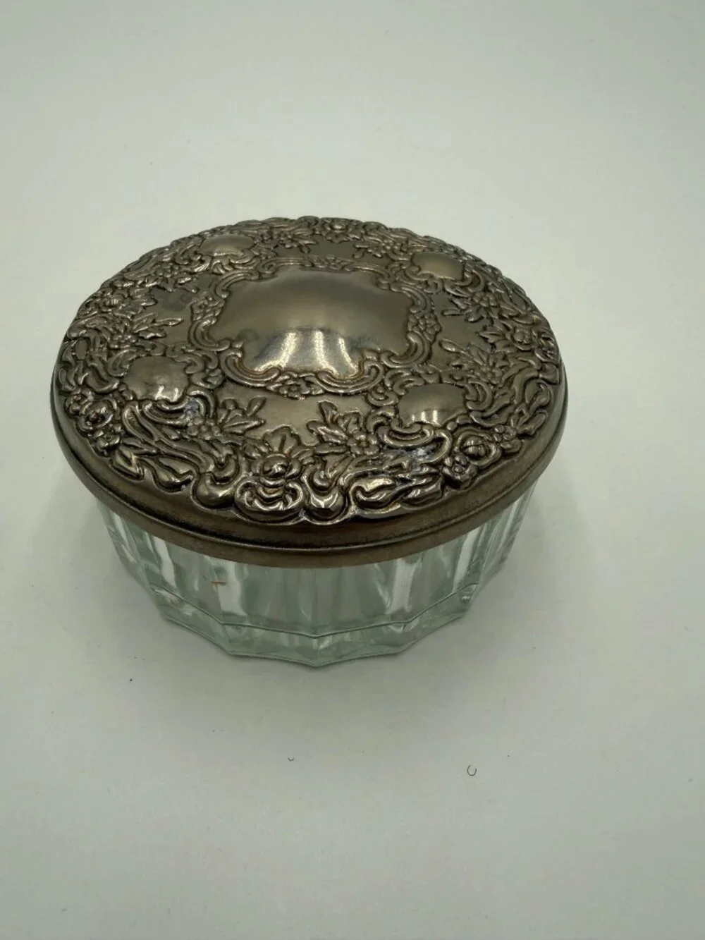 Vintage Glass Vanity Jar Ornate Silver Tone Lid Floral Design Scalloped Body